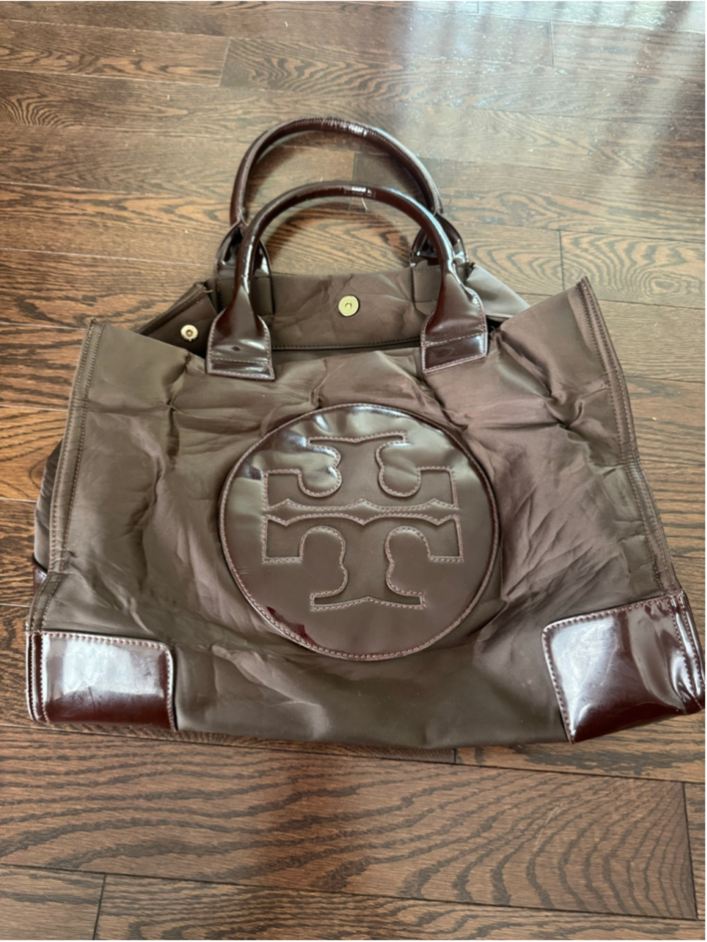 Brown Designer Inspired Nylon Tote Bag Patent Trim Large Logo